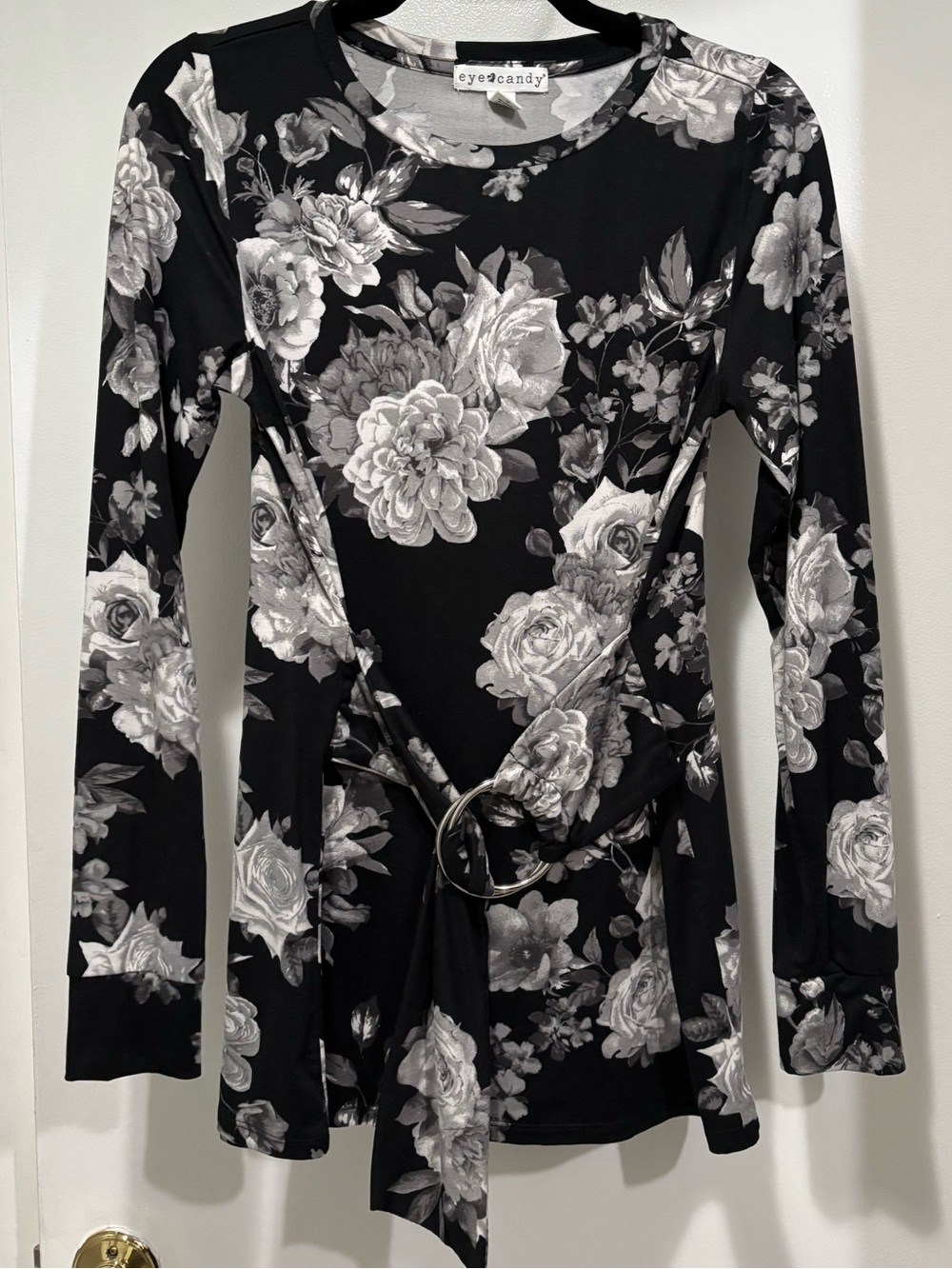 eye candy Black & White Floral Tie-Waist Long Sleeve Top